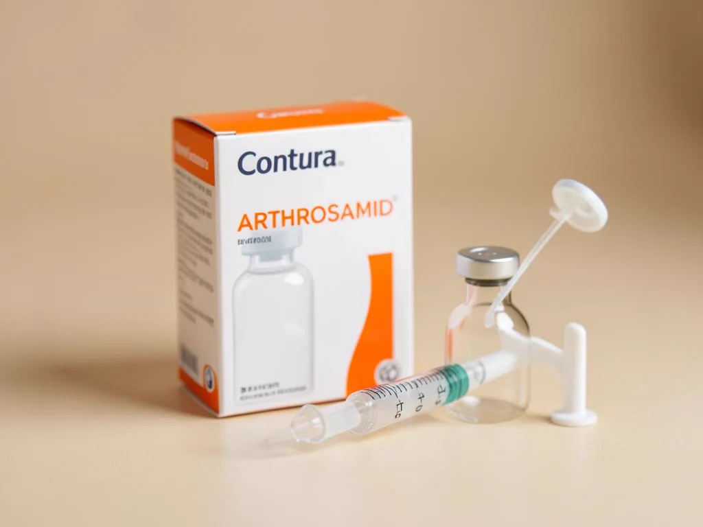 Arthrosamid hydrogel syringe and vial prepared for a single knee injection