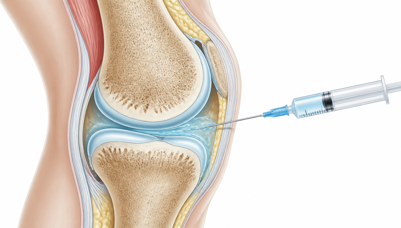 Medical illustration of an Arthrosamid hydrogel injection into the knee joint